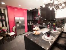 The new kitchen with the new pink cabinets and quartz countertops after the Marunde's renovation, as seen on Flip or Flop Vegas.                                            (Kitchen  #1 After)