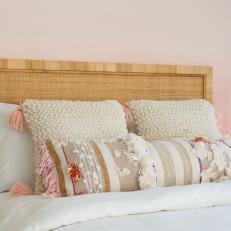 Pink Contemporary Girls Room with Neutral Wicker Headboard 