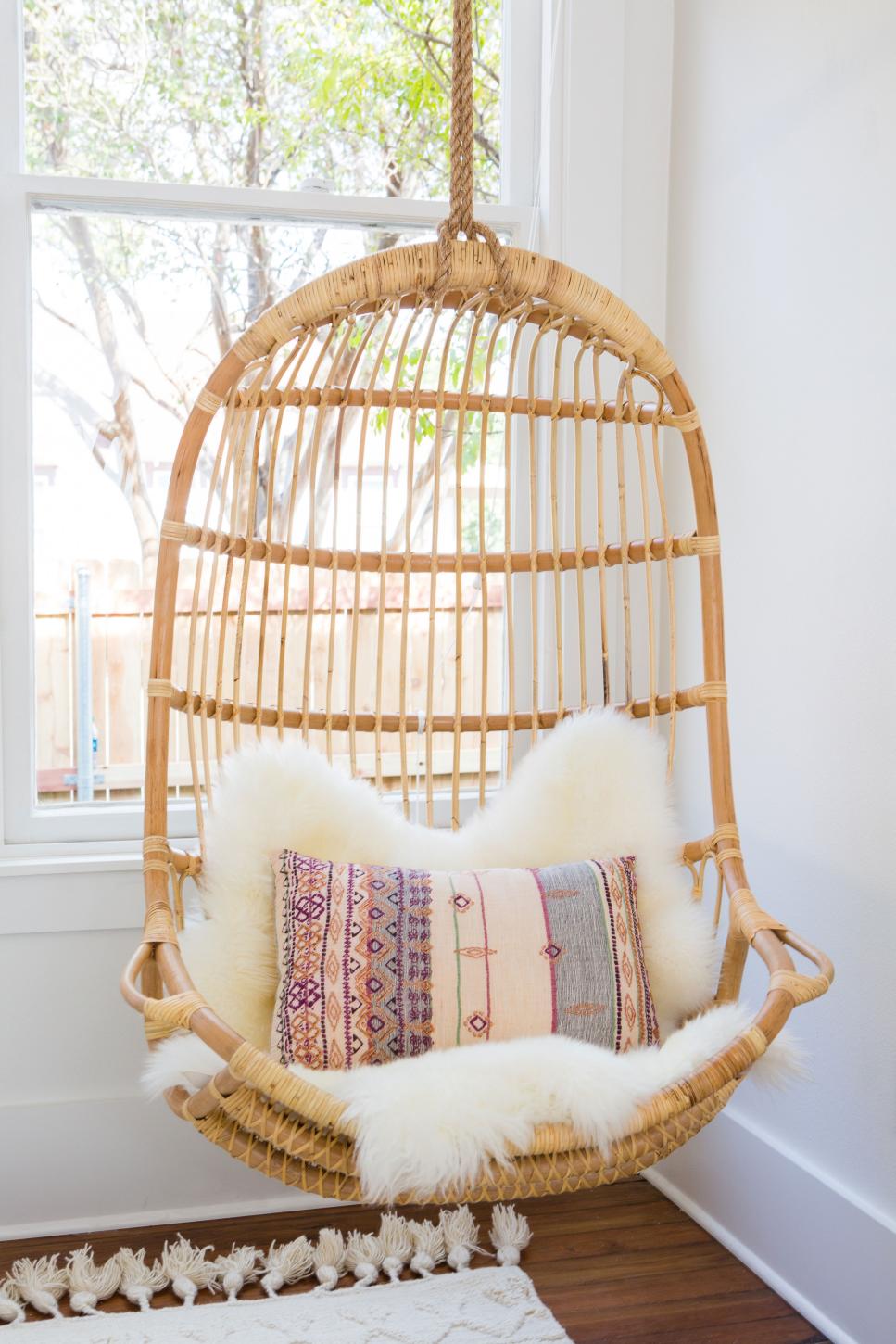 Contemporary White Girls Bedroom with Neutral Rattan Chair 