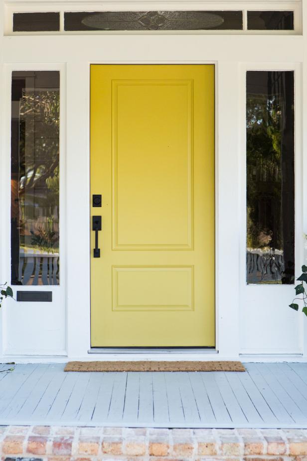 Yellow Front Door on Contemporary Gray Home Exterior | HGTV