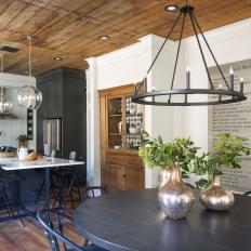 Rustic Black and White Kitchen and Dining Room with Black Chandelier 