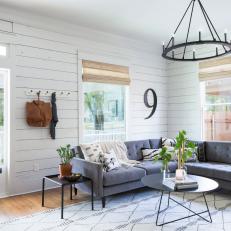 Rustic Gray Living Room with White Shiplap Walls 