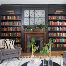Rustic Black and White Living Room with Fireplace and Bookshelf