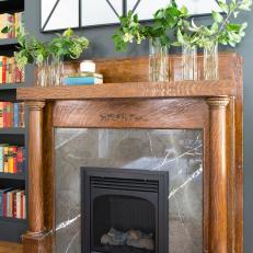 Black and White Rustic Living Room with Brown Wood Fireplace Mantel 