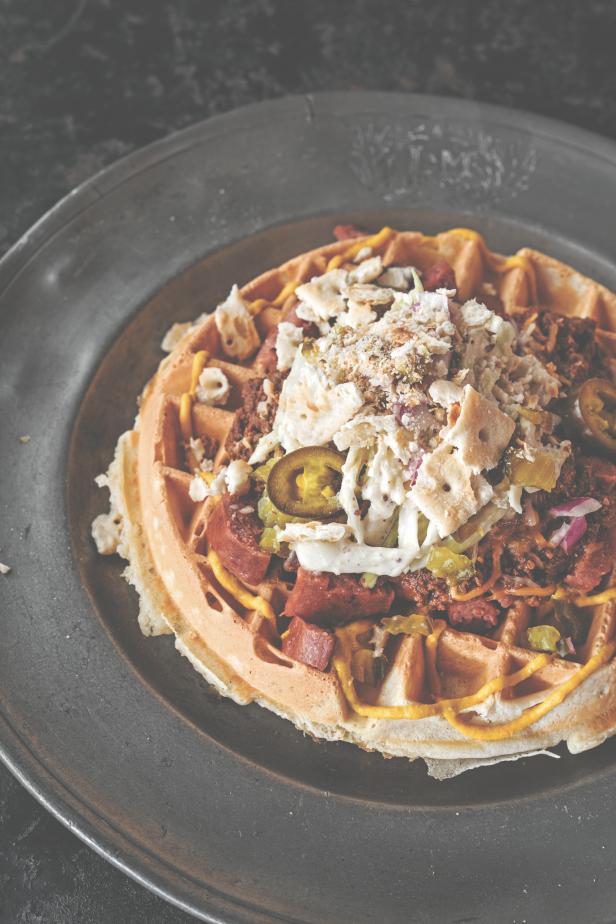 Waffle Loaded With Hot Dogs, Chili and Crushed Crackers