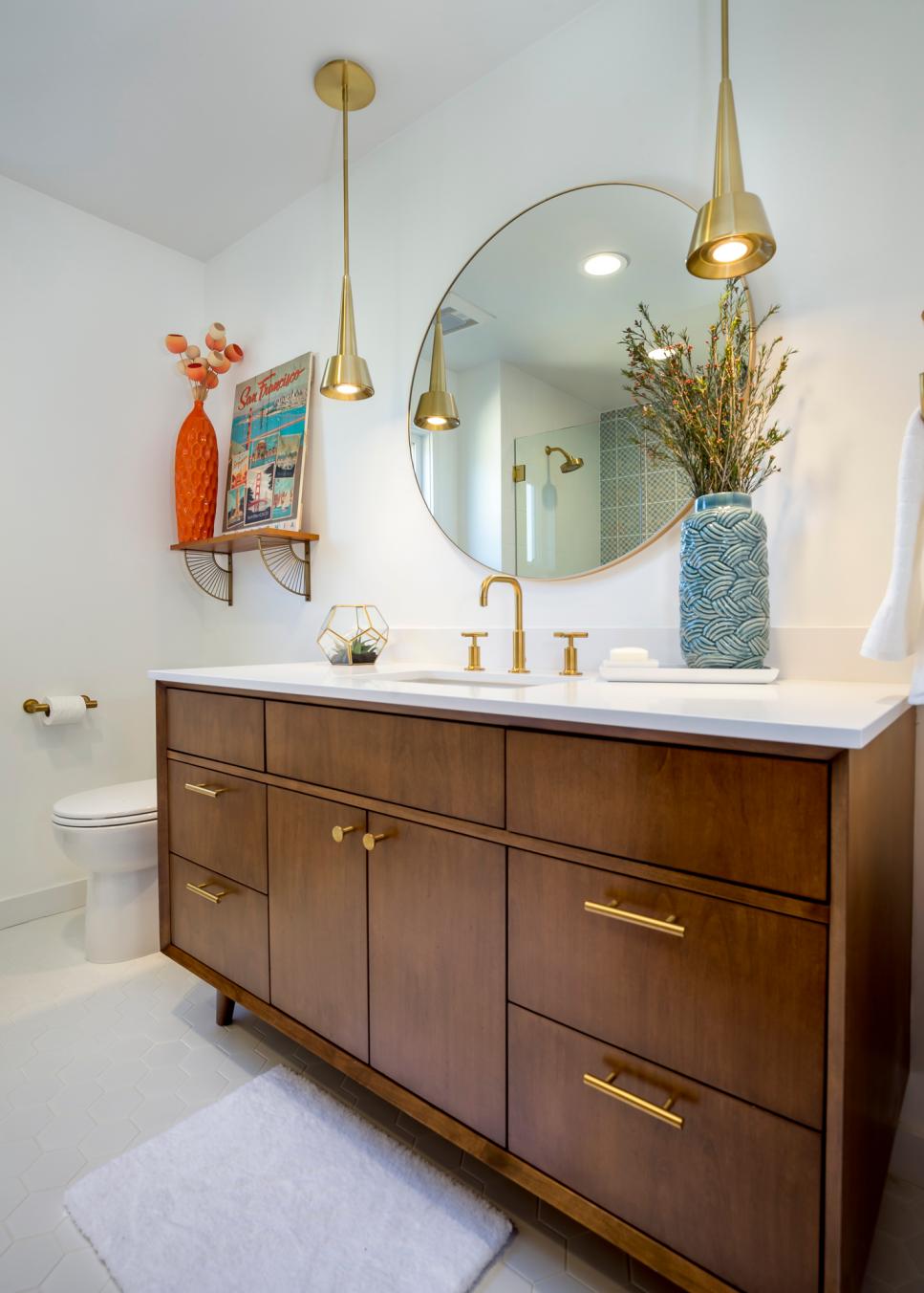 Gold Midcentury Modern Pendant Lights Add Glam To Bathroom Remodel Hgtv