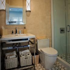 Small Bathroom With Patterned Neutral Tile