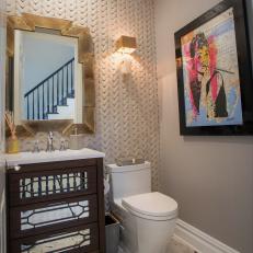 Contemporary Powder Room With Marble Floor