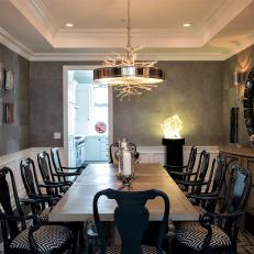 Gray Art Deco Dining Room With Branch Chandelier