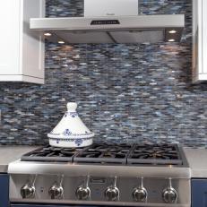 Black, White, Gray and Blue Tile Backsplash in Transitional Kitchen