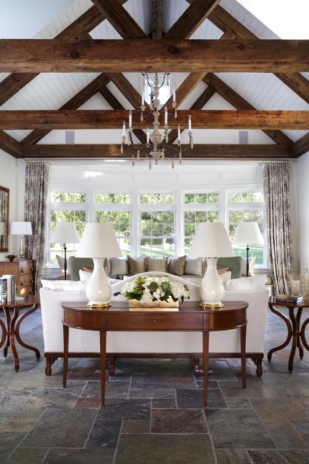 Dramatic Ceiling with Wood Beams and Vaulted Ceilings