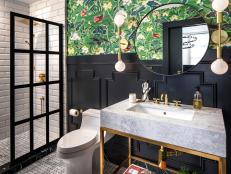 Eclectic Bathroom With Green Wallpaper