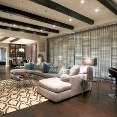 Open Plan Transitional Living Room With Blue Pillows