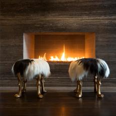 Fireplace and Two Furry Stools