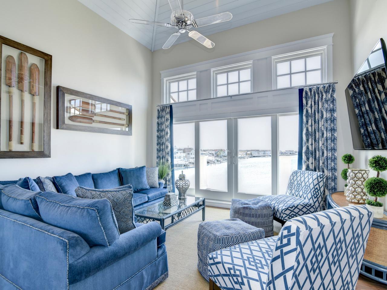 Blue And White Family Room With Water View Hgtv