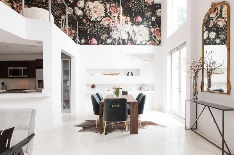 Modern White Living Space with Floral Wallpaper and Dining Table
