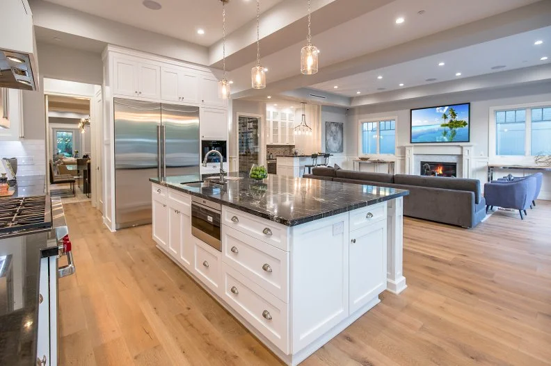 transitional open-concept kitchen with island