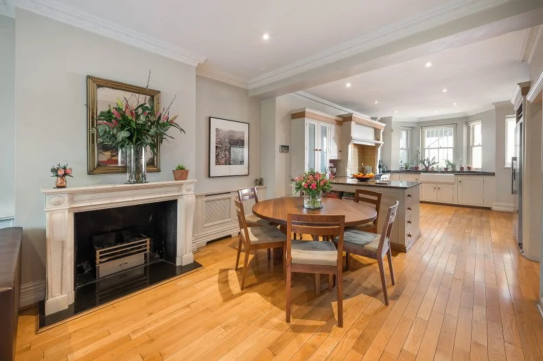transitional open kitchen and dining space