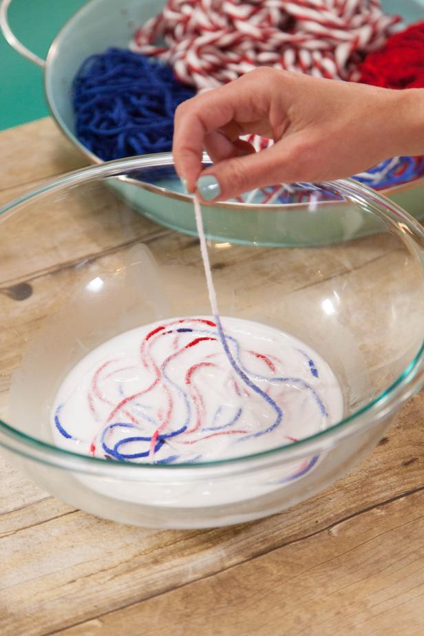 Add yard to the bowl so that it is completely soaked by the glue and water mixture.