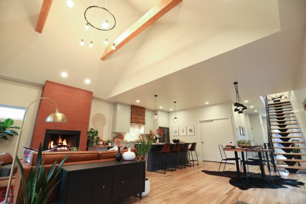 An after of the open-concept living room, dining room and kitchen as seen on HGTV's Boise Boys