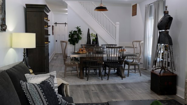 The new dinning room and staircase in the Sanders townhome that Karen renovated with her daughter Karen as seen on Good Bones 