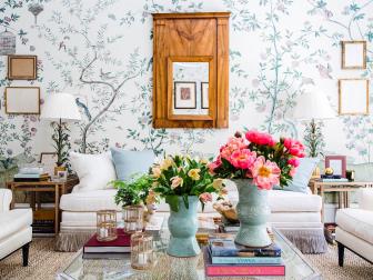 The trend for floral wall coverings with an Asian attitude is in gorgeous effect in this feminine living room from Beth Webb Interiors. Fresh flowers and complementary Asian vases add to the effect.