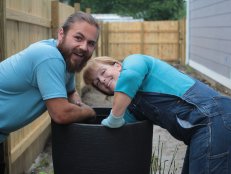 Tad and Karen pause for a moment while working on the exterior of the Woodlawn House, as seen on Good Bones.