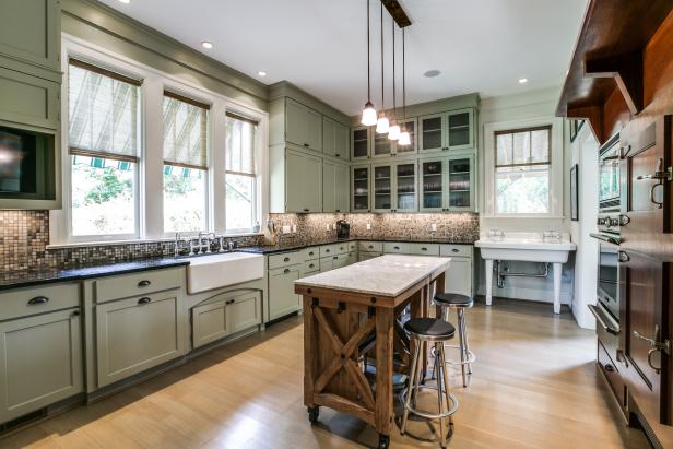 sage cabinets and tile backsplash  Green kitchen cabinets, Beautiful  kitchen cabinets, Sage green kitchen