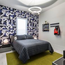 Modern Boy's Room with Geometric Wallpaper Accent Wall