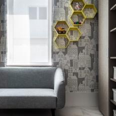 Modern Playroom with Patterned Wallpaper and Honeycomb Display Shelves