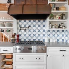 Country Kitchen With Blue Graphic Backsplash