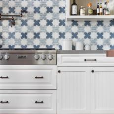 Cottage Kitchen With Blue Graphic Backsplash