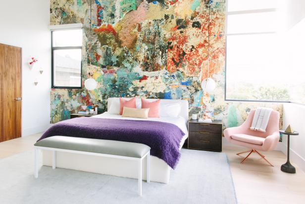 Master Bedroom With Abstract Wall Treatment And Colorful Accents
