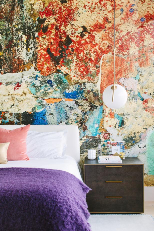 Modern Master Bedroom Detail With Multicolored Accent Wall