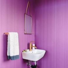 Modern Purple Powder Room With Gold Faucet And Hardware
