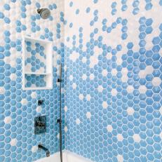 Blue And White Hexagon Tile Bathroom With Modern Faucet And Fixtures