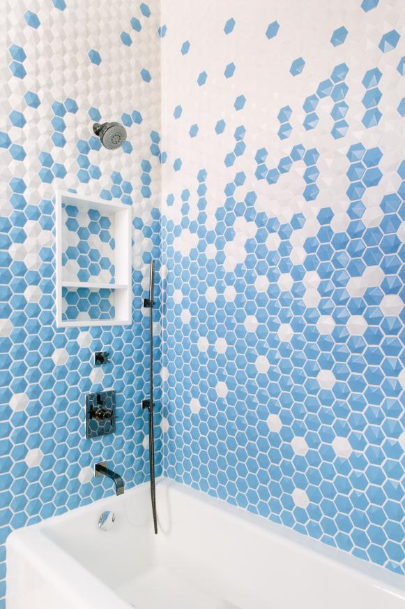 Blue And White Tile Bathtub Surround And Modern Fixtures