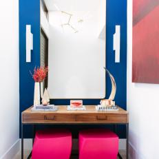Modern Console Table With Mirror And Hot Pink Stools
