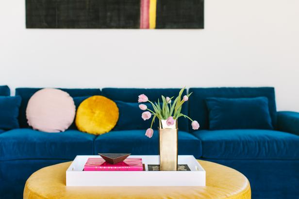 Modern Living Room Detail With Blue Velvet Sofa And Yellow Leather Ottoman Hgtv A large mid century modern style ottoman by american leather. modern living room detail with blue