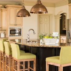 Contemporary Neutral Open Concept Kitchen With Bar Seating And Pendant Lighting