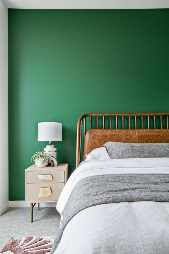 Green Accent Wall in Midcentury-Modern Bedroom