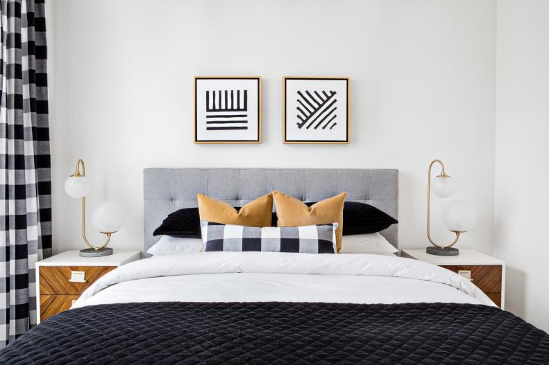 Black and White Bedding in White Bedroom