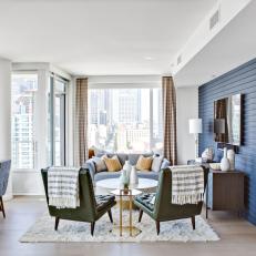 Blue Accent Wall Dresses Up Midcentury-Modern Living Space