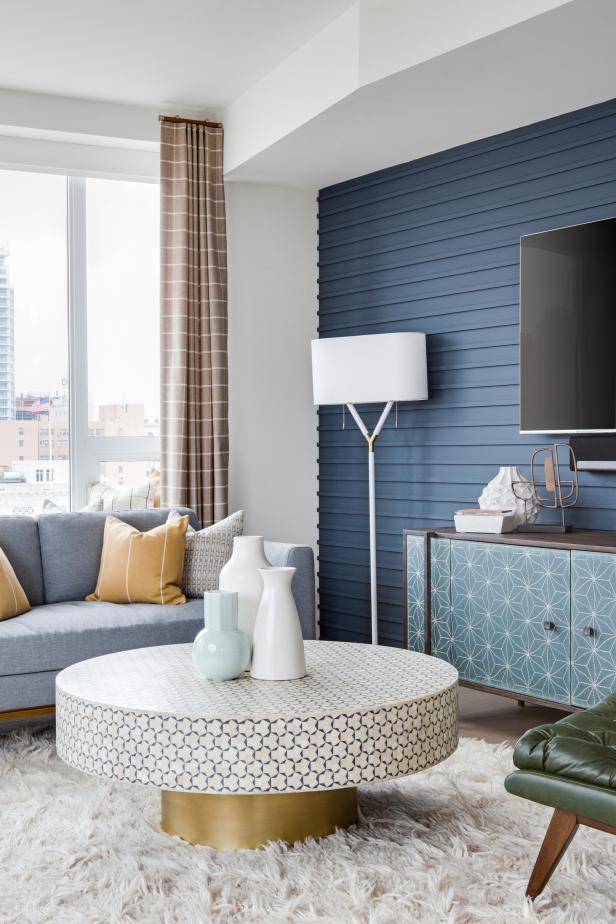 Midcentury-Modern Living Room With Blue Accent Wall | HGTV