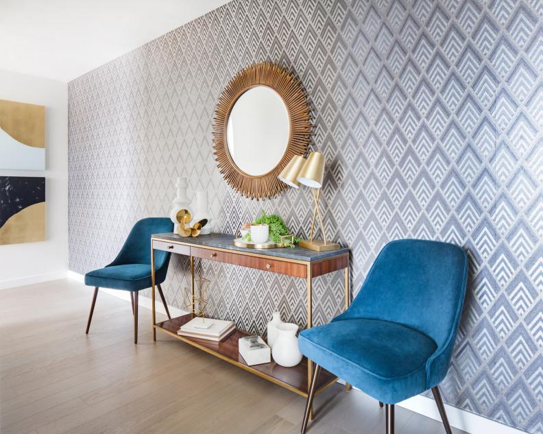 Blue Chairs on Either Side of Console Table