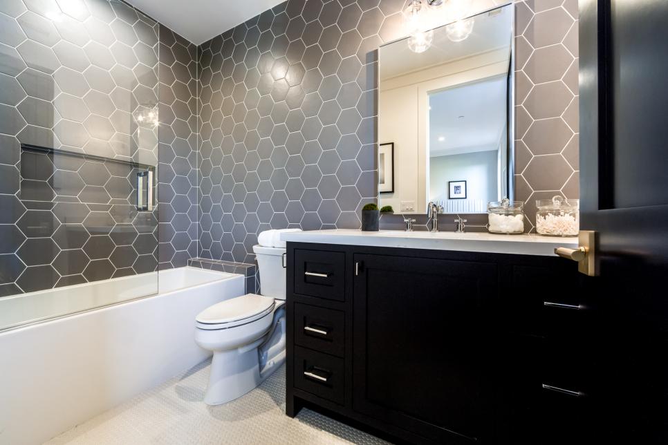 Small Bathroom With Hexagonal Tile Wall, Black Vanity Bathroom Small