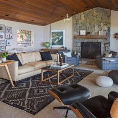 Midcentury Modern Living Room With Paneled Ceiling