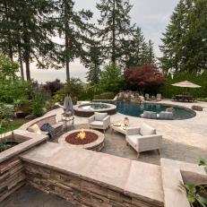 Contemporary Back Yard With Stone Fire Pit And Pool With Seating 