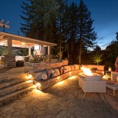 Contemporary Outdoor Living Room With Gazebo And Fire Pit With Seating
