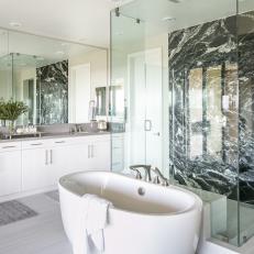 Master Bathroom with Marble Accent Wall 